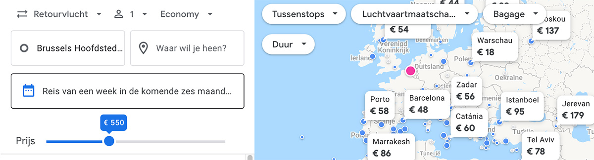 Hoe op de wereldkaart zoeken via Google Vluchten