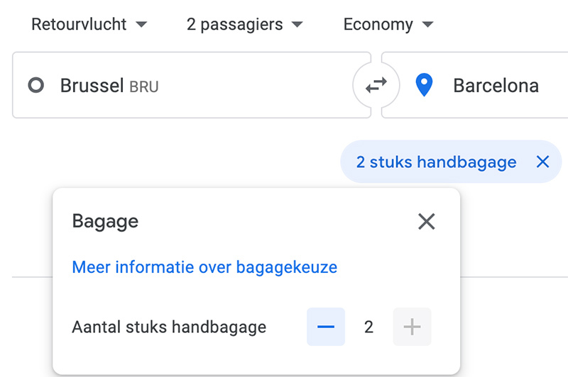 Bagage filter op Google Vluchten