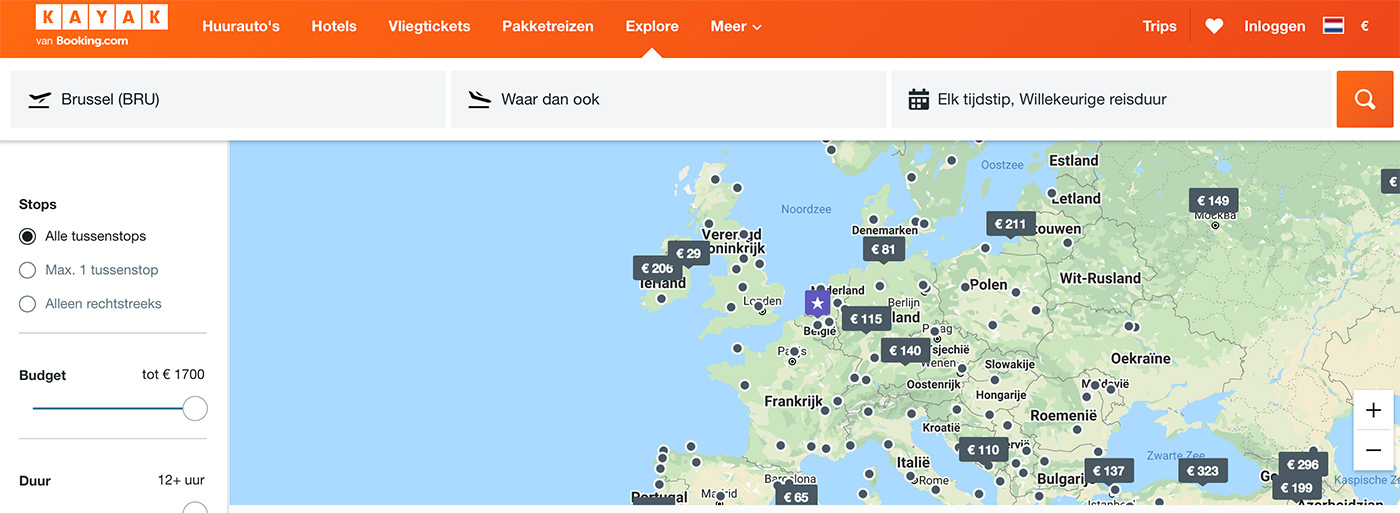 Kayak Explore kaart om vliegtickets te vinden